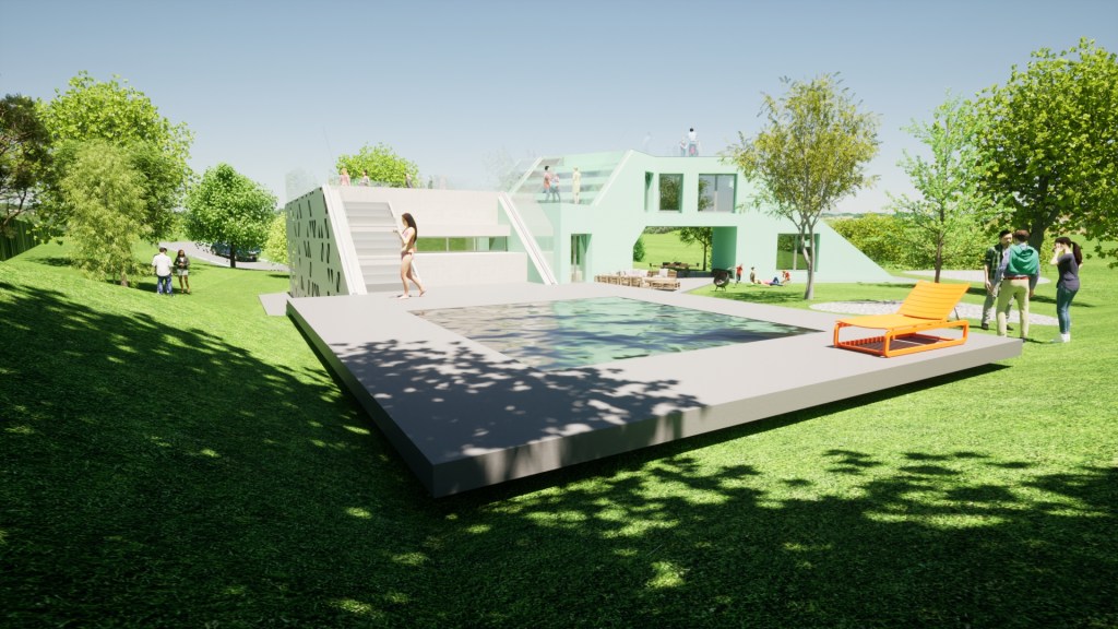 Vivienda Sin Fin en Ciudalcampo 1_JTEM Arquitectura. Vista exterior desde el jardín y la piscina.