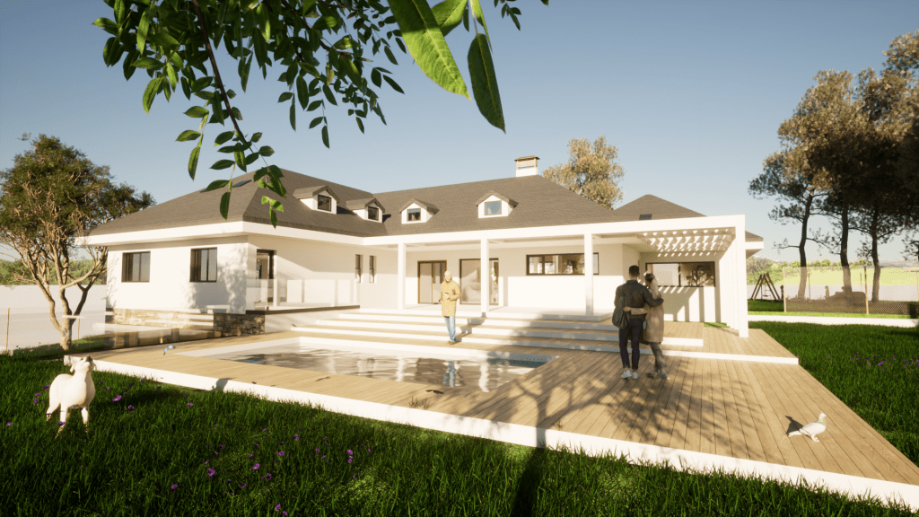 Rehabilitación vivienda en Valdelagua_San Agustín del Guadalix 6_JTEM Arquitectura. Vista exterior desde la piscina.